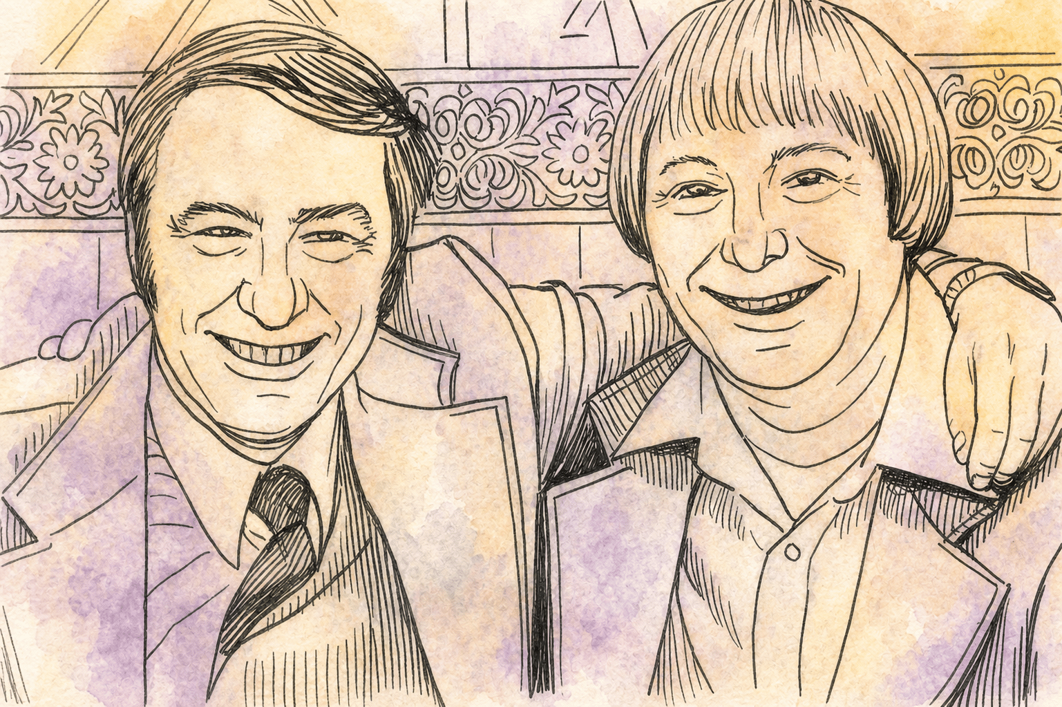 Hand-drawn portrait of the Jim twins standing together