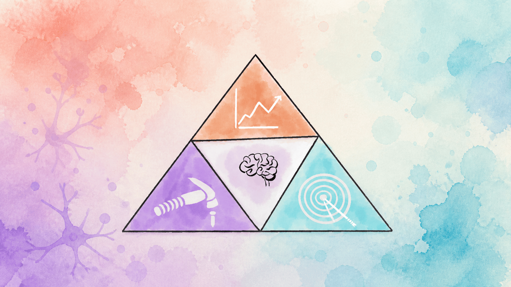 Watercolor illustration of an intelligence framework with a brain at its center
