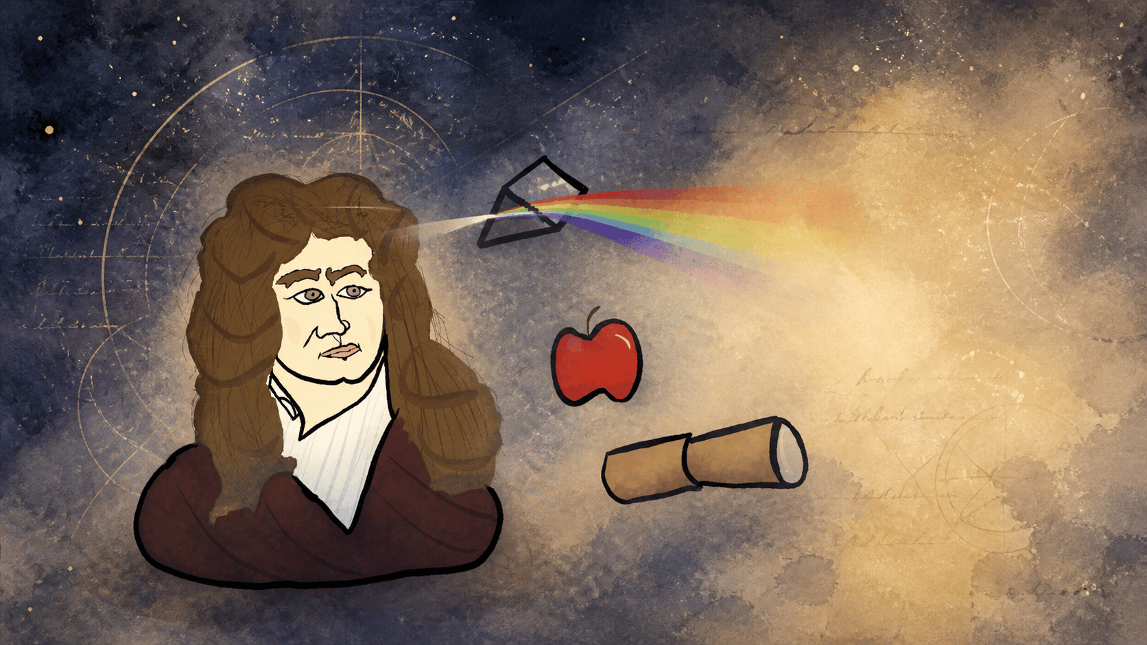 Illustration of Isaac Newton with an apple, prism, and telescope