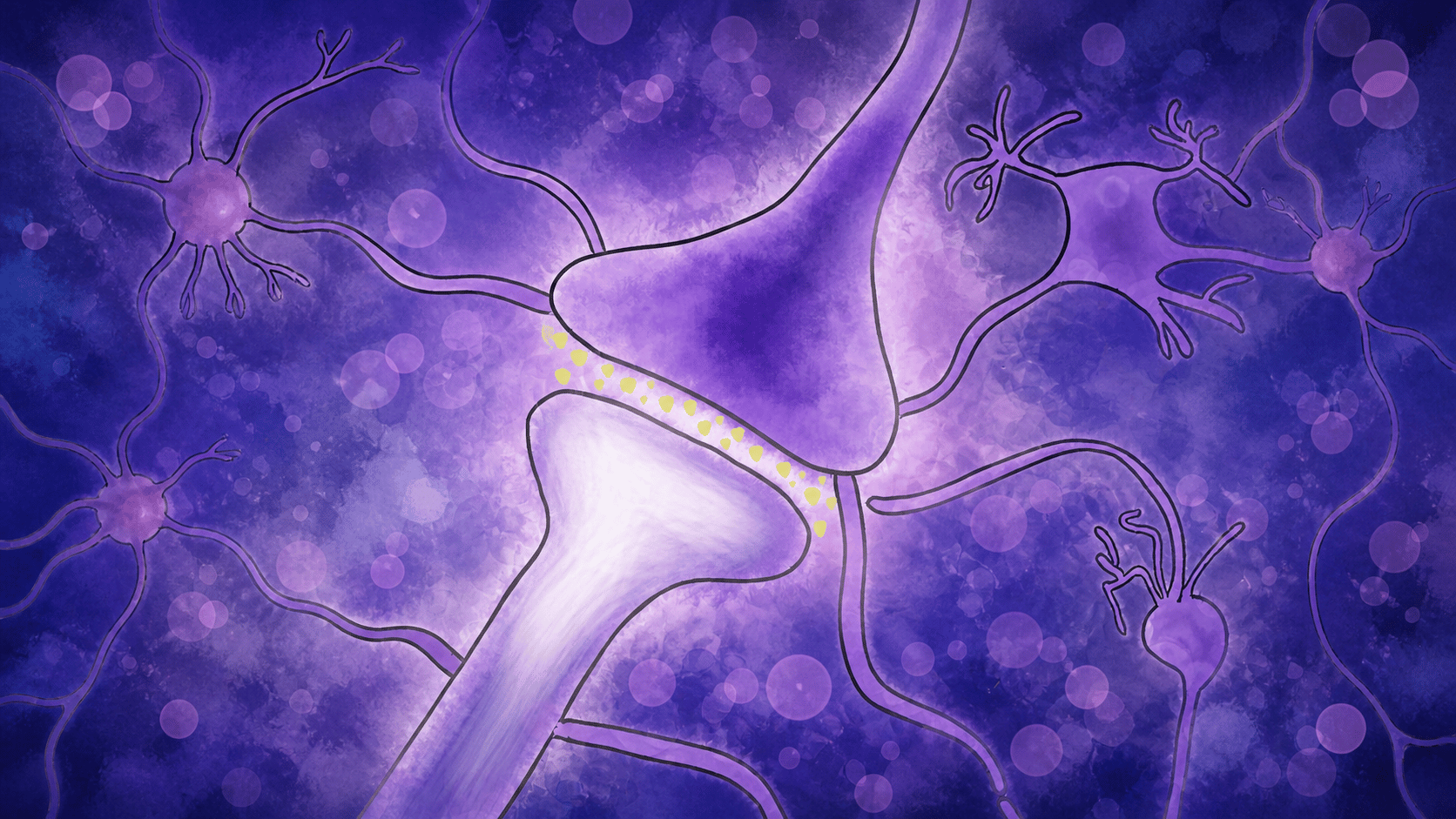 Watercolor illustration of neurons communicating across a synapse