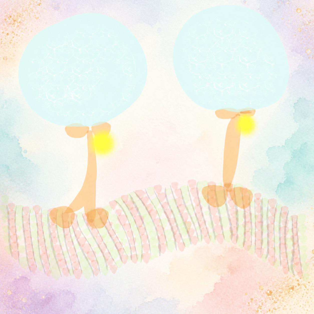 Pastel illustration of synaptic signaling across a cell membrane