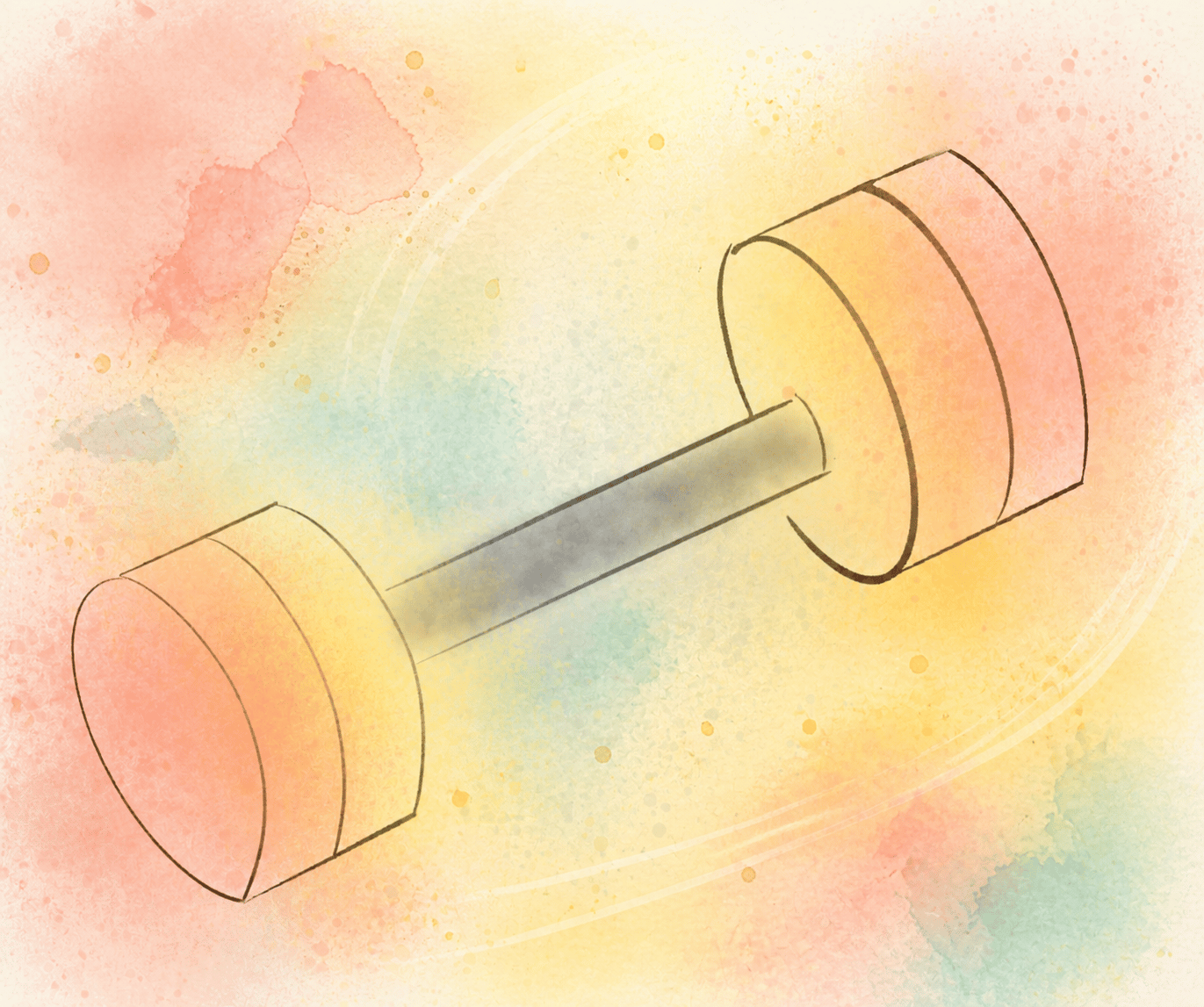 Hand-drawn dumbbell surrounded by energetic watercolor washes